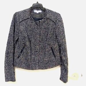 Apt 9 Navy & White Fringe Trim Full Zip Herringbone Tweed Jacket. Size S